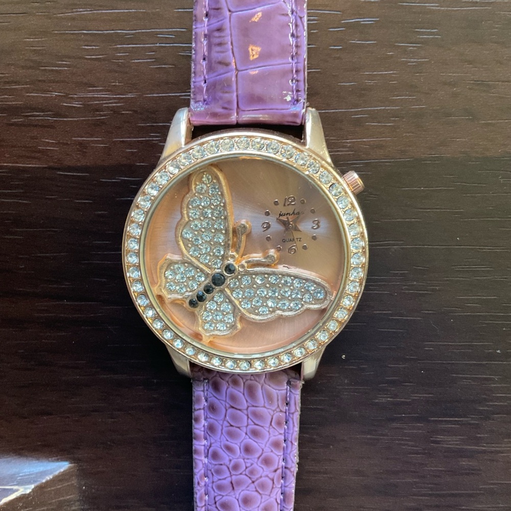 Purple Crocodile Strap Watch with butterfly Gold Face